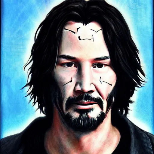 Image similar to intricately detailed semirealistic portrait of johnny silverhand (keanu reeves)