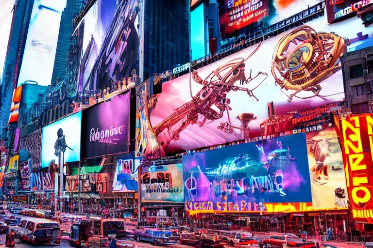 Image similar to a billboard on times square, screen show concert poster, band name is tripmachine, realistic digital art, on the screen is a 3 d render of a huge futuristic steampunk generator, 8 k, fluorescent colors, halluzinogenic, multicolored, exaggerated detailed, unreal engine, 8 0 mm