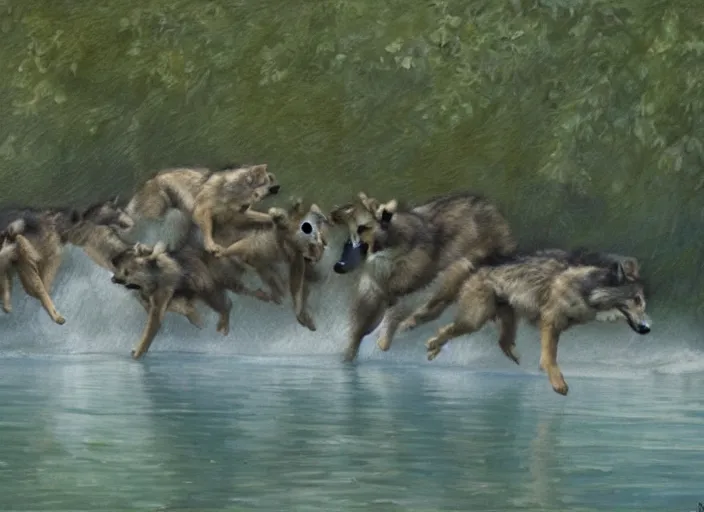 Image similar to a group of wild wolves jumping into a pool, oil painting by ralph maquarrie and james gurney, soft edges, subtle colours