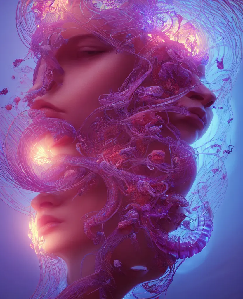 Image similar to goddess close-up portrait. chimera orchid jellyfish phoenix head, nautilus, skull, betta fish, bioluminiscent creatures, intricate artwork by Tooth Wu and wlop and beeple. octane render, trending on artstation, greg rutkowski very coherent symmetrical artwork. cinematic, hyper realism, high detail, octane render, 8k