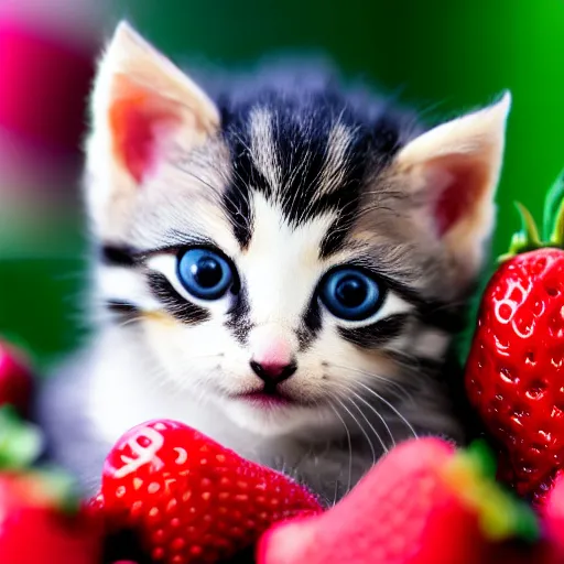 Prompt: macro shot photograph of an extremely tiny baby kitten lying on top of a gigantic strawberry