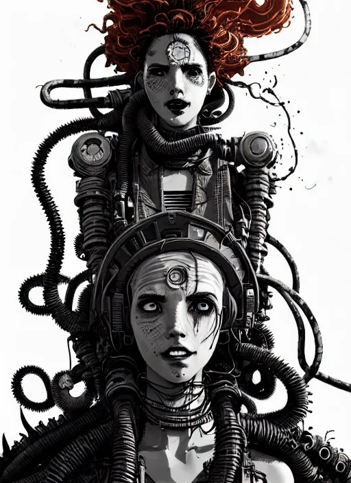 Image similar to highly detailed portrait of wasteland punk long curly fire hair tribal lady, stray wiring by atey ghailan, james gilleard, by joe fenton, by greg rutkowski, by greg tocchini, by kaethe butcher, 4 k resolution, gradient red, orange, black and white color scheme!!! ( ( burning flaming robotic dystopian city background ) )