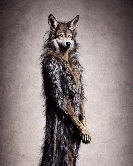 Image similar to Tall emaciated man wolf hybrid, covered in matted fur, he has yellow wolf eyes, a long bent rat like tail, long coyote like ears, and is Wearing a cape with a Top Hat, highly realistic, Rick Baker style, photoreal, photograph in the style of Annie Leibovitz, Studio lighting