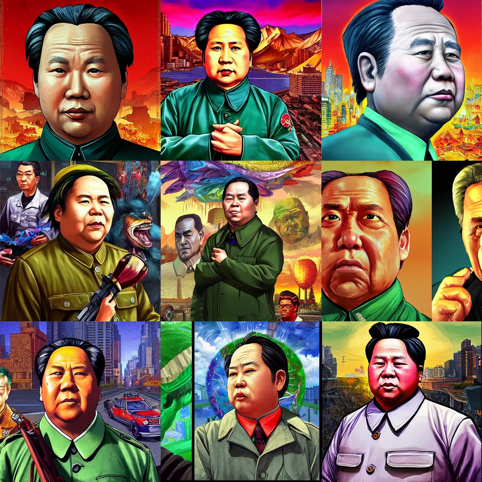 Prompt: Mao as a character in the game GTA VI, with a background based on the game League of Legends, detailed face, photorealistic pAINTING BY android jones, alex grey, chris dyer, and aaron brooks