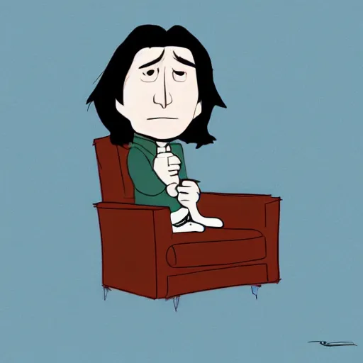 Image similar to A portrait of Severus Snape sitting on a chair, illustration, digital art, in the style of Calvin and Hobbes