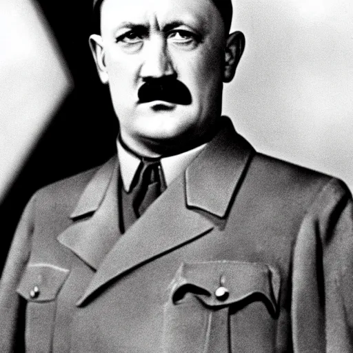 Image similar to high definition photo of Hitler with a creppy smirk pointing up with one finger, 4k