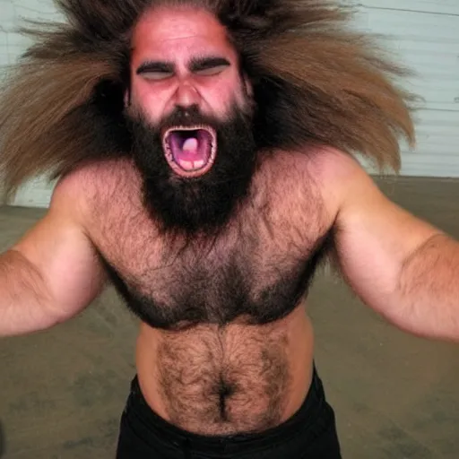 Image similar to A small angry hairy man with wild hair and huge claws. He might be Canadian