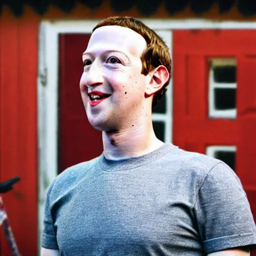 Prompt: closeup photo of mark zuckerberg dressed as pee wee herman, sunny day, village house, pastoral, happy, cinematic, art by jan urschel and neil blevins