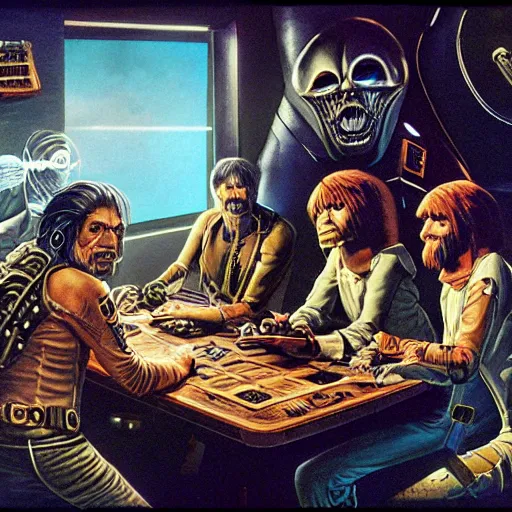 Prompt: scruffy punk starship crew sitting at table and playing dungeons & dragons, extraterrestrials, alien 1 9 7 9, ron cobb, jim henson creature shop, mike mignogna, highly detailed, comic book, science fiction, used future