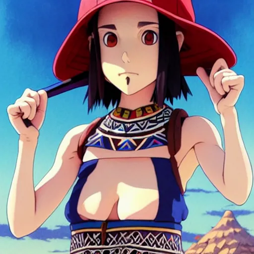 Image similar to beautiful boyish natalie portman gravure model in majora's mask, wearing wooden mask and baseball cap and leotard, street wear with subtle mayan patterns, aztec bathing suit, gapmoe yandere grimdark, trending on pixiv fanbox, painted by greg rutkowski makoto shinkai takashi takeuchi studio ghibli, akihiko yoshida