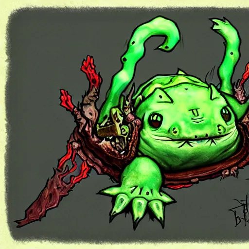 Prompt: Bulbasaur in style of Bloodborne, H.P Lovecraft, The Thing. Concept art, Cosmic horror, Body horror, ArtStation.