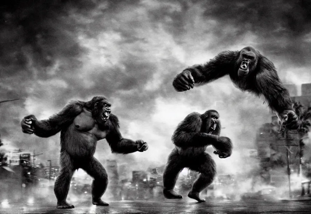 Image similar to An king Kong rage on street, Hollywood scene , cinematic , 2012, end of the world movie , full color