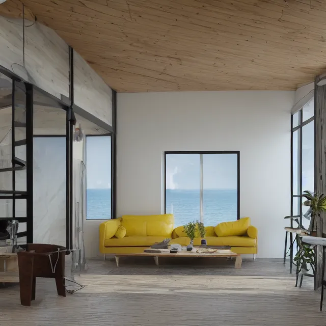 Image similar to modern a frame interior in a wooden cabin, yellow cabinets and white walls, vintage fridge, large window in back with ocean scenery, marble countertops, leather couch, spiral staircase, realistic, unreal engine render, octane render, hyper realistic, photo, 8 k