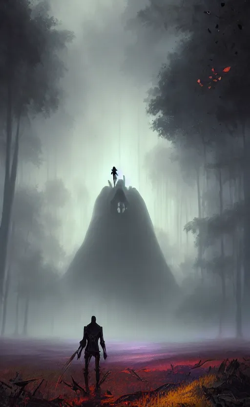 Prompt: beautiful artwork illustration, a giant skeleton on ground defeated in the distance engulfed in nature, volumetric fog, godrays, high contrast, high contrast, high contrast, vibrant colors, vivid colors, small man onlooker, high saturation, by greg rutkowski and jesper ejsing and raymond swanland, wide angle, vertical orientation