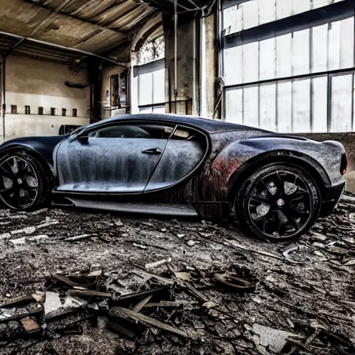 Image similar to an abandoned, derelict, rusty bugatti chiron in a dirty warehouse