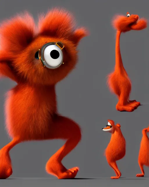 Image similar to 3 d render of completely red hairy cute antropomorphic cartoony creature wearing chrome shades, without nose, full body, in the style of pixar, white background, unreal engine 5, octane render, highly detailed hdr