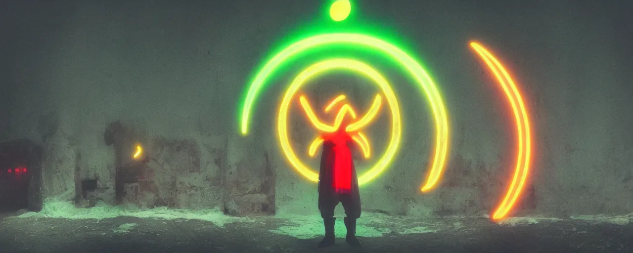 Prompt: A neon photo of a cultist of goose, named Innokentiy, magic book, spells, sacrifice, full red moon, scared exposition