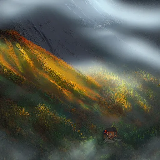 Prompt: steep mountain peak, with village, digital art, far away, low fog layer