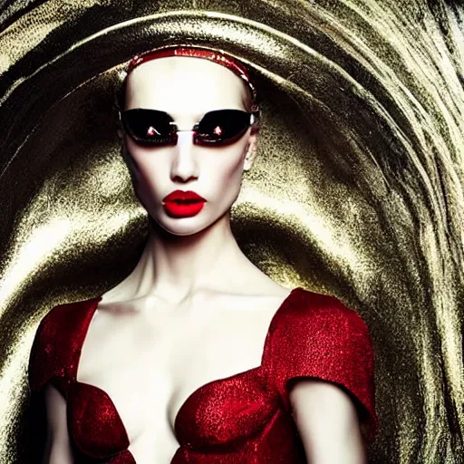 Image similar to close up of a female fashion model in year 3000 in a cave, model wearing a surreal Avant-garde helmet in red, dramatic lighting,photography , official Versace editorial , highly detailed