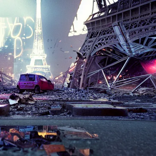 Prompt: A beautiful intricate 8K award-winning ground-level cinematic movie photograph of the future rusting rubble of the fallen and decimated Eiffel Tower, lying in pieces on the ground, surrounded by neon and collapsing corporate video billboard displays. in the year 2050, by Bruno Delbonnel and greg rutkowski. octane render, Arri Alexa 65. Cinematic lighting