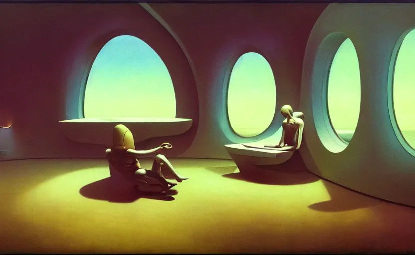 Prompt: Inside futuristic spaceship, Edward Hopper and James Gilleard, Zdzislaw Beksinski, Mark Ryden, Wolfgang Lettl highly detailed, hints of Yayoi Kasuma