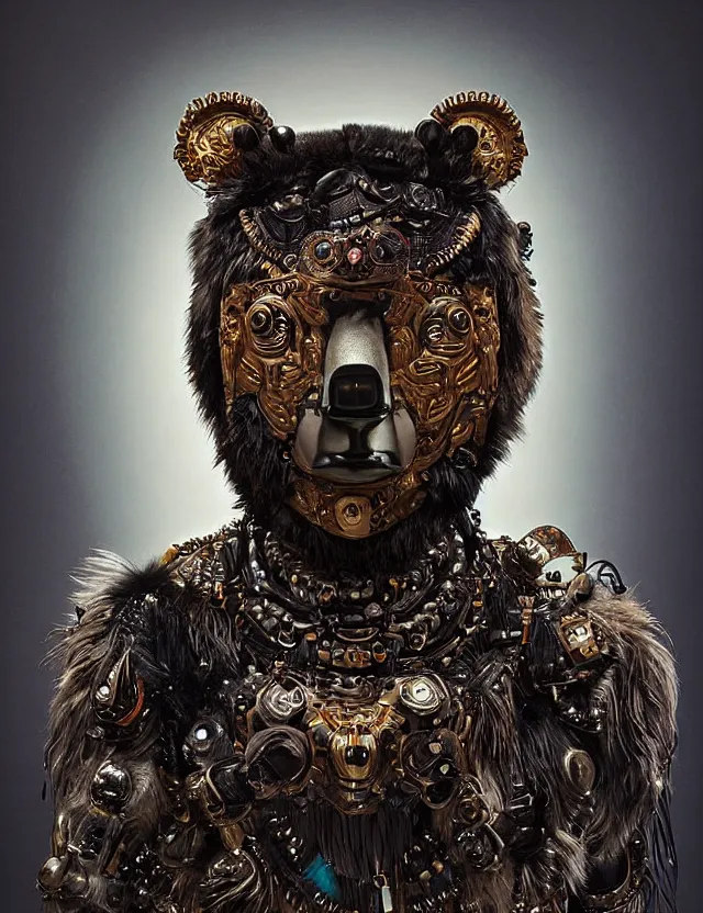 Image similar to 3 d black god wide angle portrait with bear skin and fur. beautiful intricately detailed avante garde bear mask and cybernetic outfit. ecodelic symbiosis, polyphonic communication, pulse projections, shipibo patterns, plasma, creature, artwork by tooth wu and android jones wlop and android jones and beeple and greg rutkowski