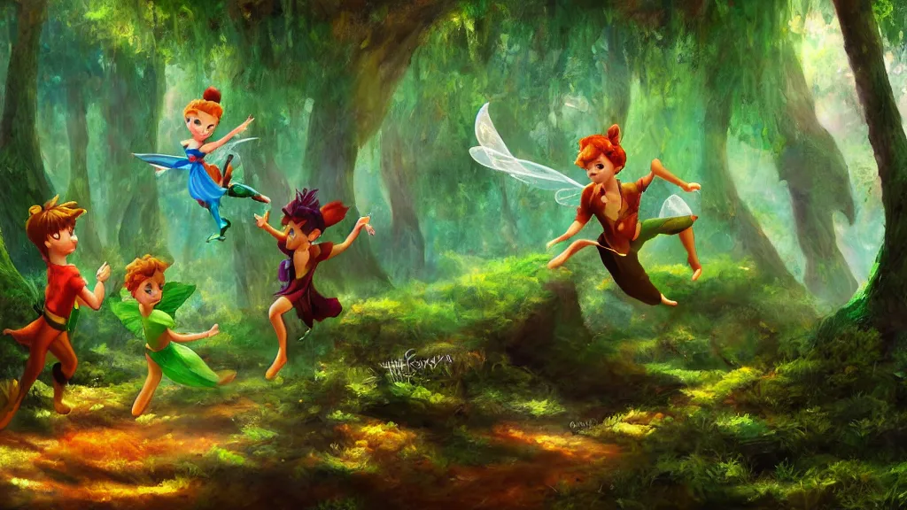 Image similar to Peter pan and Tinkerbell flying through a beautiful fantasy forest, trending on artstation, painterly style, concept art, oil painting