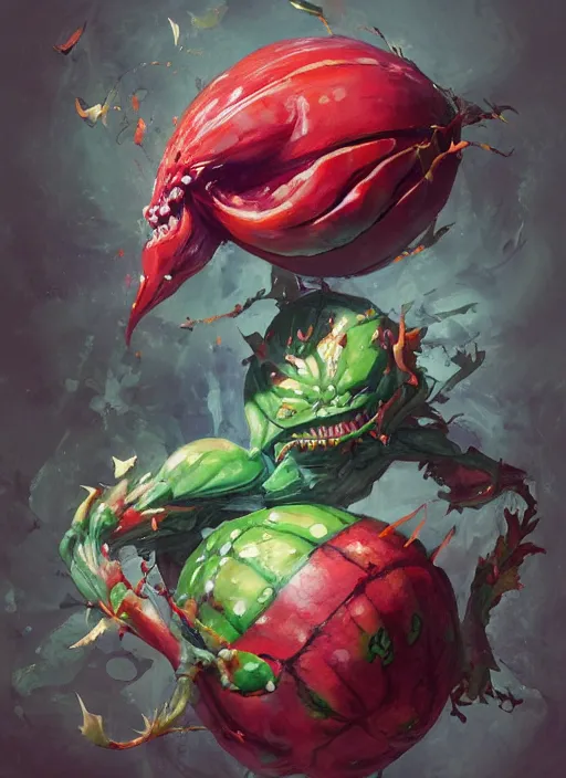 Image similar to semi reallistic gouache gesture painting, by yoshitaka amano, by ruan jia, by Conrad roset, by dofus online artists, detailed anime 3d render alien watermelon monster, watermelon alien terrible monster, antrophomorfic watermelon, portrait, cgsociety, artstation, rococo mechanical, Digital reality, sf5 ink style, dieselpunk atmosphere, gesture drawn