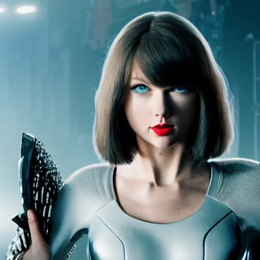 Image similar to cinematic still of taylor swift in alita : battle angel ( 2 0 1 9 ), xf iq 4, f / 1. 4, iso 2 0 0, 1 / 1 6 0 s, 8 k, raw, dramatic lighting, symmetrical balance, in - frame