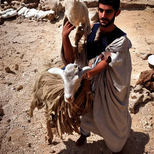 Prompt: 18 year old middle eastern skinned man in ancient Canaanite clothing holding a plate of rotten fruit. A 22 year old middle eastern skinned man in ancient Canaanite clothing carrying a beautiful goat, dramatic angle, 8k hdr pixiv dslr photo