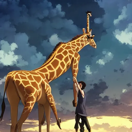 Image similar to a strong giraffe at the gym, illustration concept art anime key visual trending pixiv fanbox by wlop and greg rutkowski and makoto shinkai and studio ghibli and kyoto animation symmetrical facial features