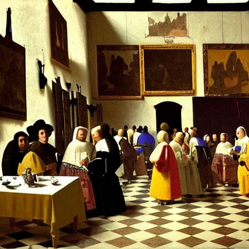 Prompt: a large wedding reception, lots of people, illustrated by johannes vermeer