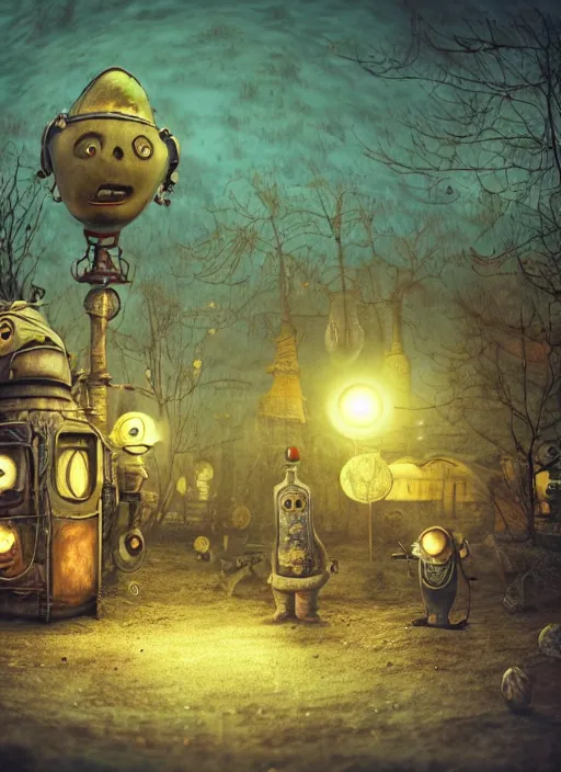 Prompt: Alexander Jansson style, A lunar landscape, darkness, nocturnal lighting, colored spotlights, psychdelic lights, gloom, fast food stalls and street market, extraterrestrials with psychedelic costumes walking and old robots buying and eating, realistic, many details, octane Render Ultra Detailed detailed detailed, Unreal Engine 5, HDRI,