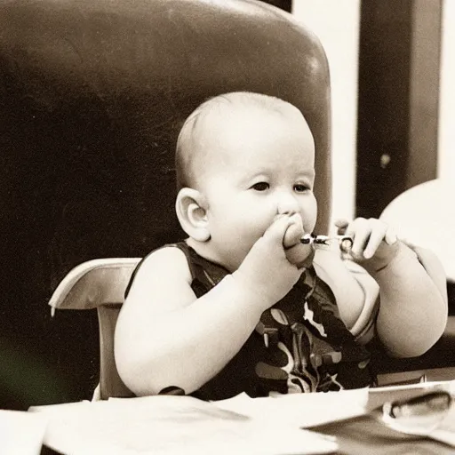 Prompt: a photo of a baby sitting in an office drinking from a cup of scotch and smoking a cigar