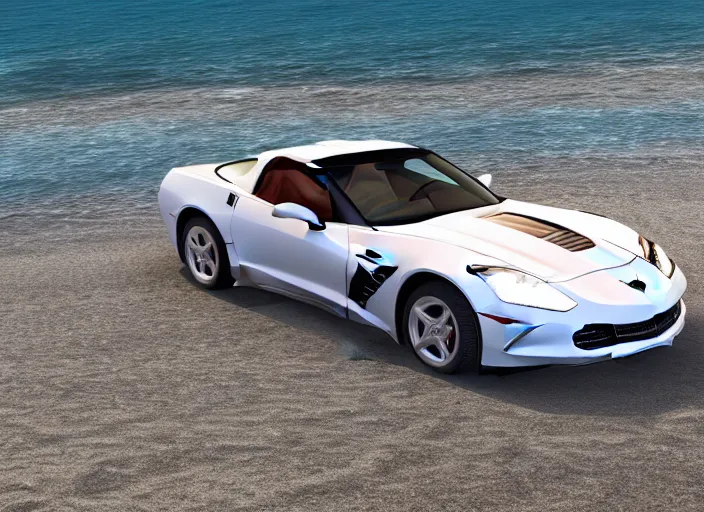 Image similar to hyperrealism, detailed textures, photorealistic 3 d render, a dreamy beach in cuba, a photo realistic 1 9 9 9 corvette stingray with a blazing pearl white colour scheme, mickey thompson tires, centrerline rims, sharp focus, ultra realistic, ultra high pixel detail, cinematic, intricate, cinematic light, concept art, illustration, art station, unreal engine 8 k