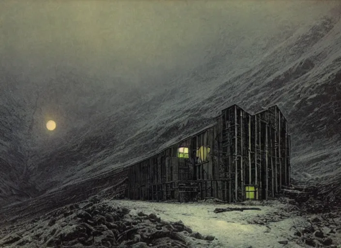 Image similar to an old research facility sits on a remote mountain. the cold seems to creep over everything and consume it entirely, leaving only black and frozen corpses, by atkinson grimshaw john