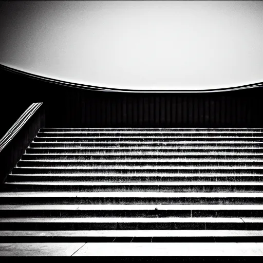 Image similar to black and white surreal photograph, highly detailed vast space made of stairsteps, sideview, detailed textures, natural light, mist, architecture photography, film grain, soft vignette, sigma 1 4 mm f / 1. 4 1 / 1 0 sec shutter, imax 7 0 mm footage