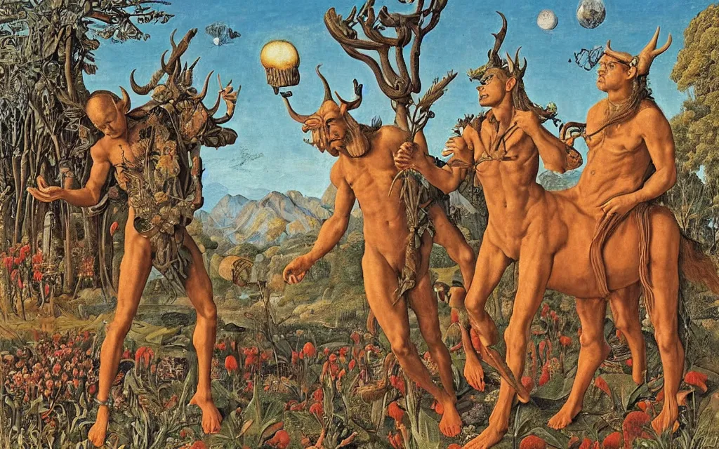 Image similar to a portrait photograph of a meditating satyr and a centaur monk riding a rocket machine and hunting at a river delta. surrounded by bulbous flowers and trees. mountain range under a blue sky of fiery stars. by jan van eyck, max ernst, ernst haeckel, ernst fuchs and artgerm, cgsociety, fashion editorial, 8 k