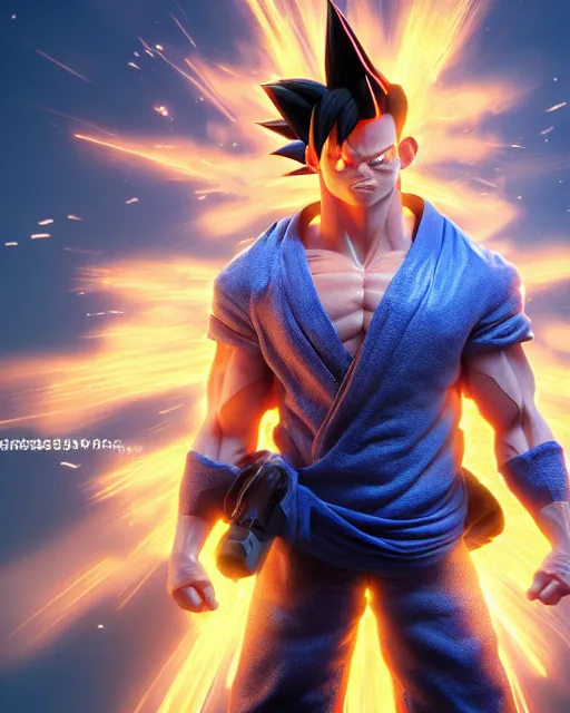 Image similar to 3 d high octane render, 8 k cgi, unreal engine, photorealistic goku, portrait, dynamic lighting, photorealistic, unreal engine, octane, ultra detailed, detailed faces, hd quality