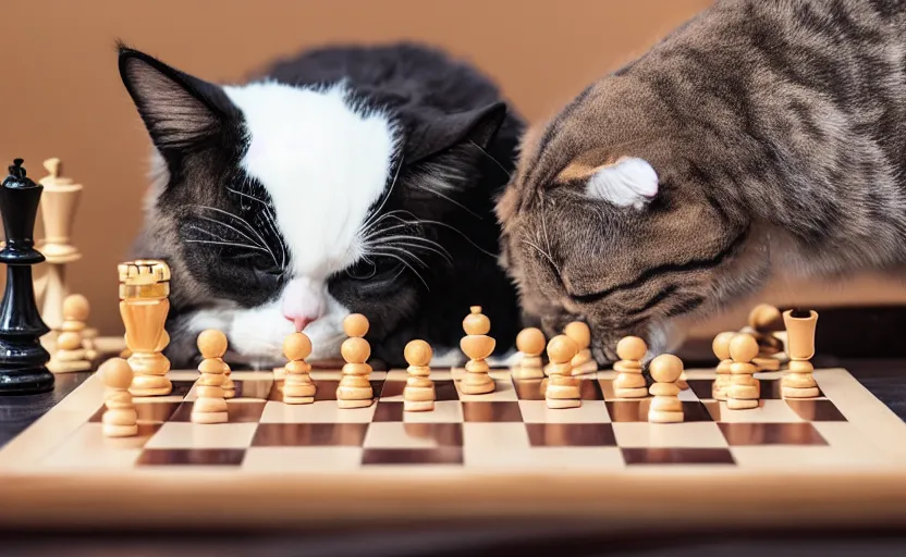 Prompt: cat playing chess against a dog