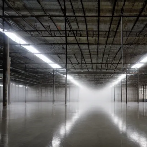 Prompt: massive warehouse with concrete floors and walls, exposed rebar, dim fluorescent lights placed on the walls and a low-hanging fog with no discernible source. The fog often coalesces into condensation, forming puddles on the floor in inconsistent areas. Unlike Level 0, this level possesses a consistent supply of water and electricity, which allows indefinite habitation by wanderers providing that appropriate precautions are taken. It is also far more expansive, possessing staircases, elevators, isolated rooms, and hallways. 4k, HD, photorealistic