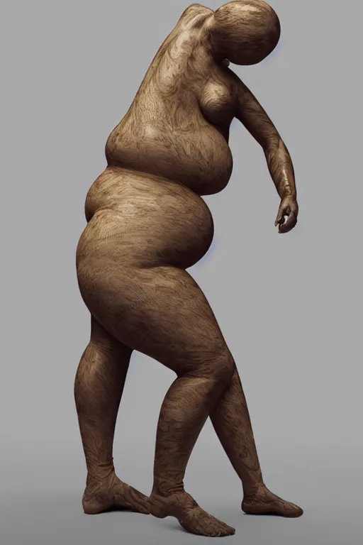 Prompt: human biomorphic mutated geometric biological structure made of skin and hair standing on two legs dancing a plinth, overweight, obese, distorted, highly detailed, hyper - realist sculpture