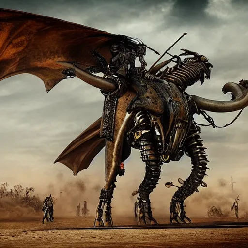 Image similar to warriors on wyverns with steampunk armor flying in a post apocalyptic street inspired by mad max, Oulan-Bator, photorealism 8k , high details