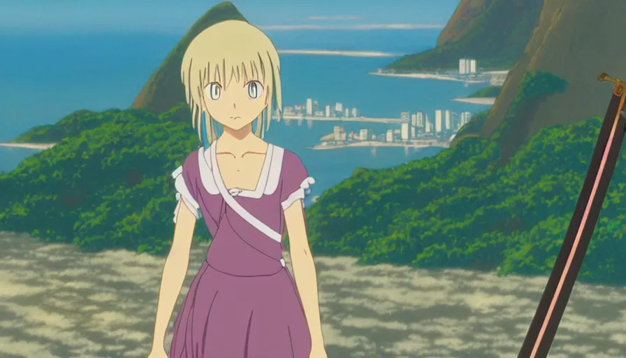 Image similar to 8 k screencap of a girl with a sword on a rio de janeiro anime, by hayao miyazaki, studio ghibli, rio background extremely high quality artwork