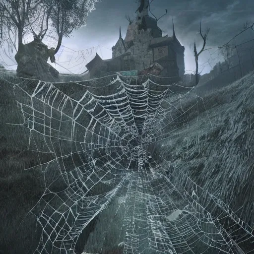 Image similar to people made out of spider webs crawling up to the hell hill. surrealism. high details, photorealistic, artstation trending. cinematic. epic.