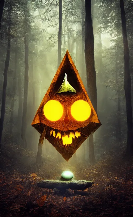 Image similar to dark fantasy photorealistic concept art of bill cipher floating in the middle of a forest with glowing yellow eyes, and pebbles floating in the air, gloomy seen, dynamic lighting, ambient lighting, atmospherical, stunning visuals, creative, cinematic, ultra detailed, trending on art station