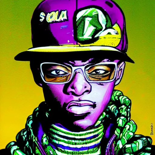 Image similar to soulja boy drawn in the style of yoshitaka amano