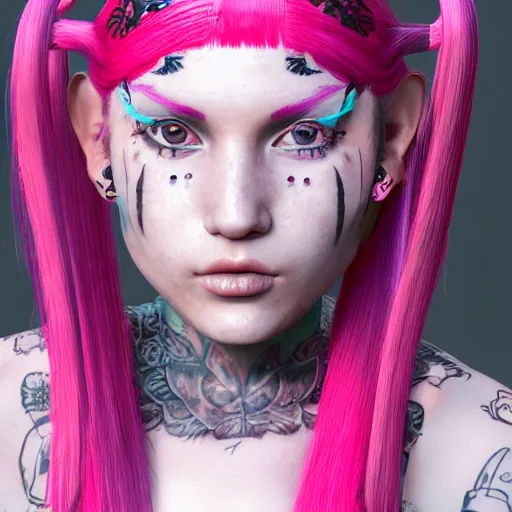 Image similar to An octane 3d render of a girl with pink pigtails, and face tattoos, 8d, HD, hyper detailed, intricate details, photorealistic, dynamic lighting, stunning visuals, creative, trending on art station,