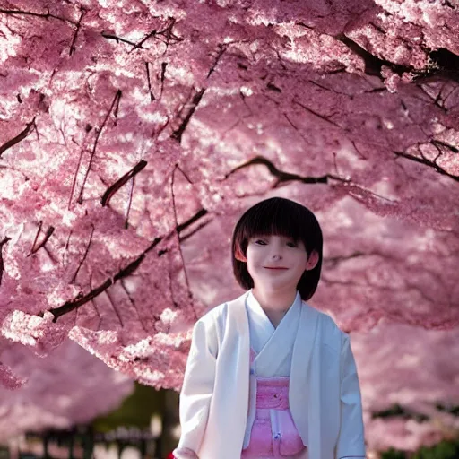 Image similar to cute fumo plush of a boy in the middle of a cherry blossom grove in bloom, kimono, particle simulation, vray