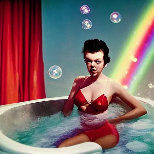 Prompt: twenty - seven year old ida lupino in a bubble bath of glowing iridescent reflective bubbles, wearing a red and black striped bikini, in a bathtub rocket to the stars overflowing with bubbles, bubbles in the air, raytracing, eating chocolate covered cherries rocket trail of bubbles in the sky golden hour, by chessley bonestell